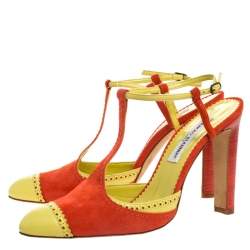 Manolo Blahnik Yellow/Orange Brogue Detail T-Bar Ankle Strap Sandals Size 40
