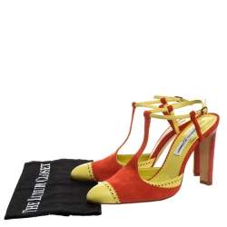 Manolo Blahnik Yellow/Orange Brogue Detail T-Bar Ankle Strap Sandals Size 40