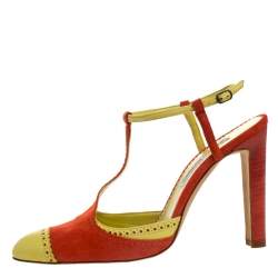 Manolo Blahnik Yellow/Orange Brogue Detail T-Bar Ankle Strap Sandals Size 40