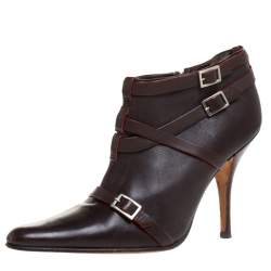 Pre Owned Manolo Blahnik Brown Leather Euodus Pointed Toe Booties Size 37.5