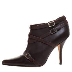 Pre Owned Manolo Blahnik Brown Leather Euodus Pointed Toe Booties Size 37.5
