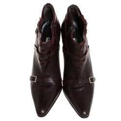 Pre Owned Manolo Blahnik Brown Leather Euodus Pointed Toe Booties Size 37.5