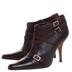 Pre Owned Manolo Blahnik Brown Leather Euodus Pointed Toe Booties Size 37.5