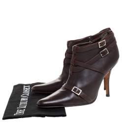 Pre Owned Manolo Blahnik Brown Leather Euodus Pointed Toe Booties Size 37.5