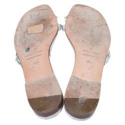 Pre Owned Manolo Blahnik Silver Crystal Embellished Toe Ring Slide Flats Size 38.5