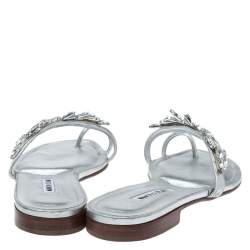Pre Owned Manolo Blahnik Silver Crystal Embellished Toe Ring Slide Flats Size 38.5