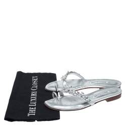 Pre Owned Manolo Blahnik Silver Crystal Embellished Toe Ring Slide Flats Size 38.5