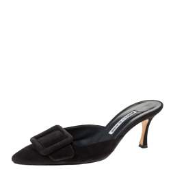 Pre Owned صندل سلايد مانولو بلانيك "مايسال" بمقدمة مدببة سويدي و جلد أسود مقاس 37.5