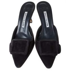 Pre Owned صندل سلايد مانولو بلانيك "مايسال" بمقدمة مدببة سويدي و جلد أسود مقاس 37.5