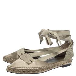 Castaner By Manolo Blahnik Grey Satin And Canvas  Espadrille Pointed Toe Ankle Tie Flat Sandals Size 37