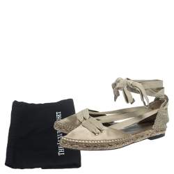 Castaner By Manolo Blahnik Grey Satin And Canvas  Espadrille Pointed Toe Ankle Tie Flat Sandals Size 37