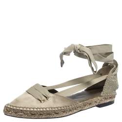 Castaner By Manolo Blahnik Grey Satin And Canvas  Espadrille Pointed Toe Ankle Tie Flat Sandals Size 37