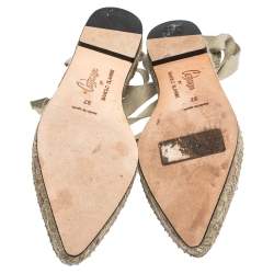 Castaner By Manolo Blahnik Grey Satin And Canvas  Espadrille Pointed Toe Ankle Tie Flat Sandals Size 37