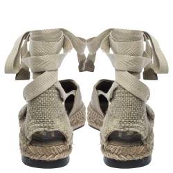 Castaner By Manolo Blahnik Grey Satin And Canvas  Espadrille Pointed Toe Ankle Tie Flat Sandals Size 37