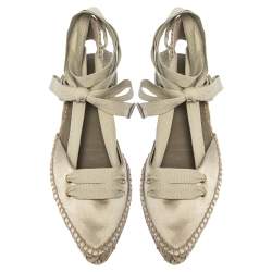 Castaner By Manolo Blahnik Grey Satin And Canvas  Espadrille Pointed Toe Ankle Tie Flat Sandals Size 37