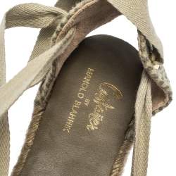 Castaner By Manolo Blahnik Grey Satin And Canvas  Espadrille Pointed Toe Ankle Tie Flat Sandals Size 37
