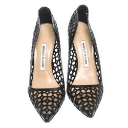 مملوكة مسبقًا حذاء كعب عالي مانولو بلانيك بمقدمة مدببة جلد قصة ليزر أسود مقاس 39.5