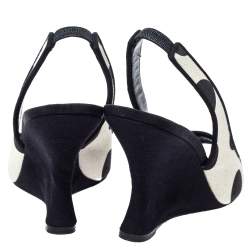 Manolo Blahnik Black/White Canvas Wedge Slingback Sandals Size 38