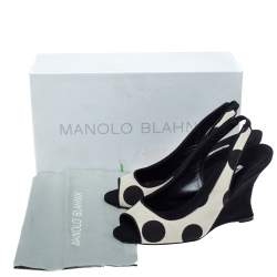 Manolo Blahnik Black/White Canvas Wedge Slingback Sandals Size 38
