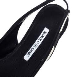 Manolo Blahnik Black/White Canvas Wedge Slingback Sandals Size 38