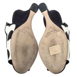 Manolo Blahnik Black/White Canvas Wedge Slingback Sandals Size 38