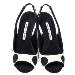 Manolo Blahnik Black/White Canvas Wedge Slingback Sandals Size 38