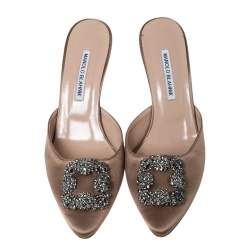 Manolo Blahnik Beige Satin Hangisi Pointed Toe Mules Size 40