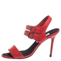 Manolo Blahnik Red Leather Bakhita Double Buckle Strappy Sandals 40