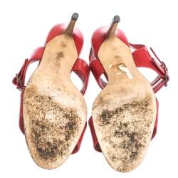 Manolo Blahnik Red Leather Bakhita Double Buckle Strappy Sandals 40