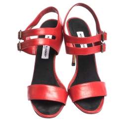 Manolo Blahnik Red Leather Bakhita Double Buckle Strappy Sandals 40