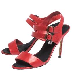 Manolo Blahnik Red Leather Bakhita Double Buckle Strappy Sandals 40