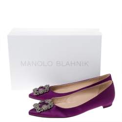 مملوكة مسبقًا Manolo Blahnik Purple Satin Hangisi Crystal Embellished Ballet Flats Size 37.5