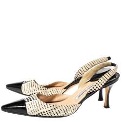 Manolo Blahnik Black/White Fabric And Patent Cap Toe Carolyne Slingback Sandals Size 41
