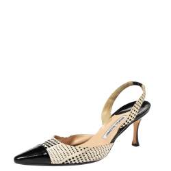 Manolo Blahnik Black/White Fabric And Patent Cap Toe Carolyne Slingback Sandals Size 41