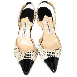 Manolo Blahnik Black/White Fabric And Patent Cap Toe Carolyne Slingback Sandals Size 41