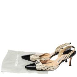 Manolo Blahnik Black/White Fabric And Patent Cap Toe Carolyne Slingback Sandals Size 41