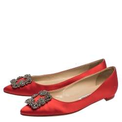 Pre Owned Manolo Blahnik Red Satin Hangisi Crystal Embellished Ballet Flats Size 38.5