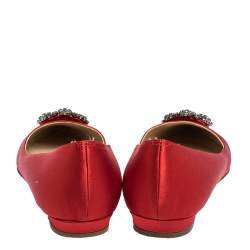 Pre Owned Manolo Blahnik Red Satin Hangisi Crystal Embellished Ballet Flats Size 38.5