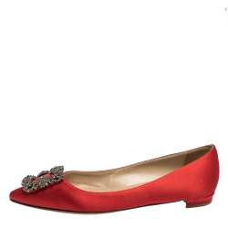 Pre Owned Manolo Blahnik Red Satin Hangisi Crystal Embellished Ballet Flats Size 38.5