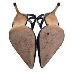 Manolo Blahnik Blue Canvas And Cutout Patent Pointed Toe Slingback Sandals Size 38