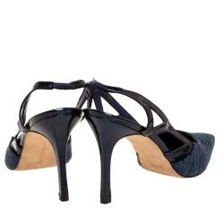 Manolo Blahnik Blue Canvas And Cutout Patent Pointed Toe Slingback Sandals Size 38