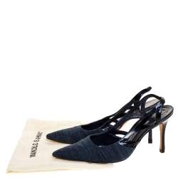 Manolo Blahnik Blue Canvas And Cutout Patent Pointed Toe Slingback Sandals Size 38