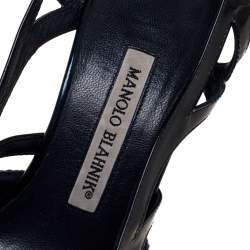 Manolo Blahnik Blue Canvas And Cutout Patent Pointed Toe Slingback Sandals Size 38