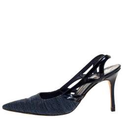 Manolo Blahnik Blue Canvas And Cutout Patent Pointed Toe Slingback Sandals Size 38