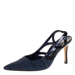 Manolo Blahnik Blue Canvas And Cutout Patent Pointed Toe Slingback Sandals Size 38