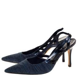 Manolo Blahnik Blue Canvas And Cutout Patent Pointed Toe Slingback Sandals Size 38