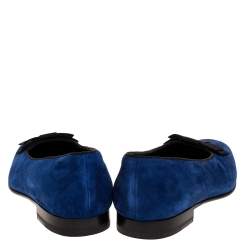 Manolo Blahnik Blue Suede Leather Toro Opera Bow Slip On Loafers Size 41