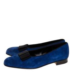 Manolo Blahnik Blue Suede Leather Toro Opera Bow Slip On Loafers Size 41