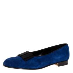 Manolo Blahnik Blue Suede Leather Toro Opera Bow Slip On Loafers Size 41