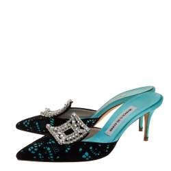 Manolo Blahnik Green Satin And Black Cut Out Suede Embellished Borli Mules Size 37